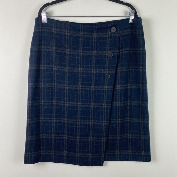 J. Jill Skirt Women L Petite Blue Plaid A-Line Wrap Front Stretch Pull On - Picture 1 of 10